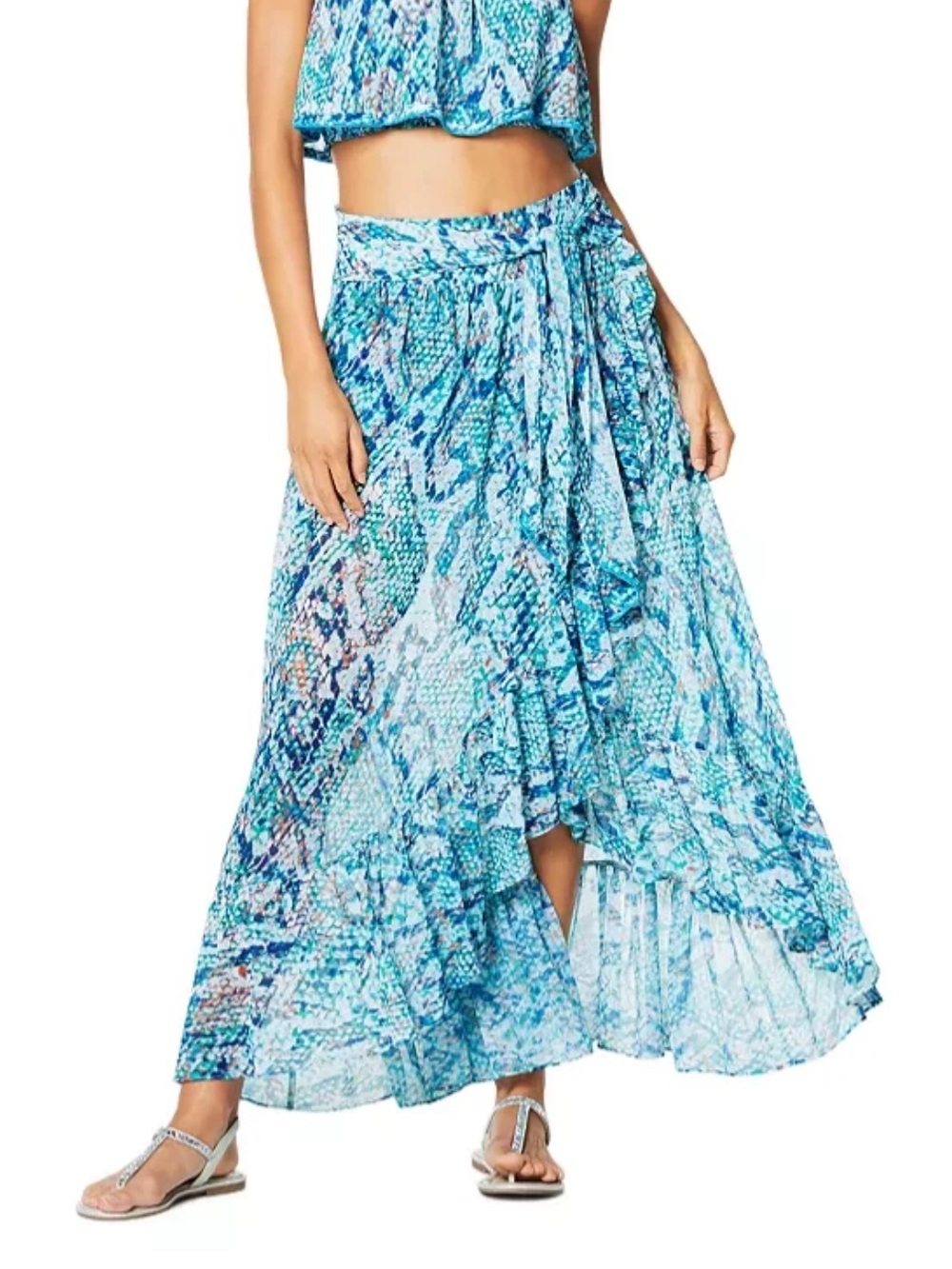 Ramy Brook Snakeskin Smocked Ruffle Maxi Skirt Swim Cover Up Sz L Resort Beach